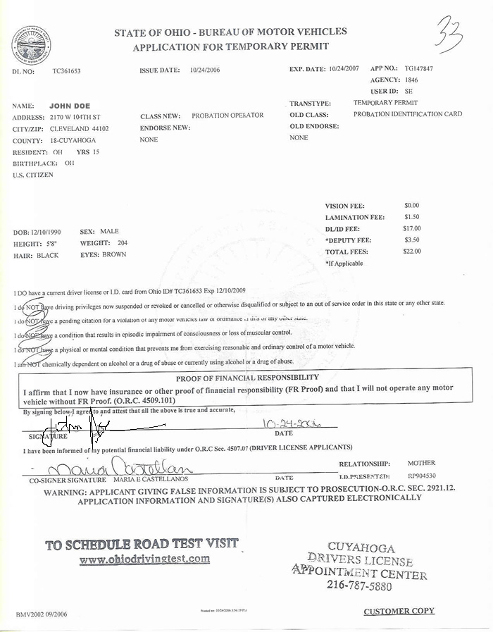 State Of Ohio Bureau Of Motor Vehicles Application For Temporary Permit